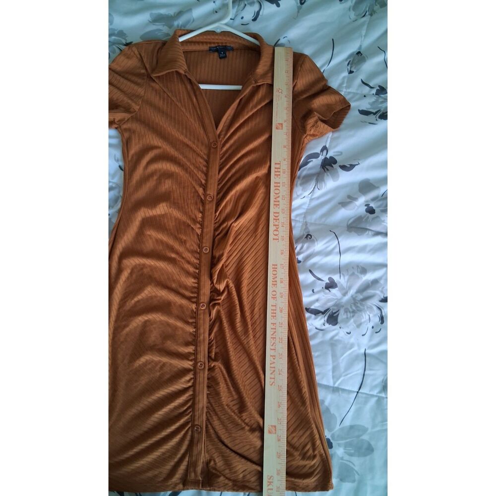 Timing Women’s Small Brown Ribbed Ruched Button Front Collared Bodycon Dress - Picture 5 of 6